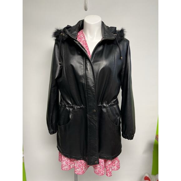 Vintage 90s Y2k Black Soft Leather Coat Cinched Waist Mid Length Sz 16 Faux Fur - Picture 4 of 16